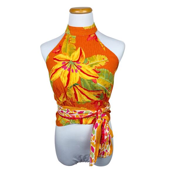 Haute Hippie Tops - Haute Hippie Halter Neck Sleeveless Top Tropical Floral Tie Waist Women's S